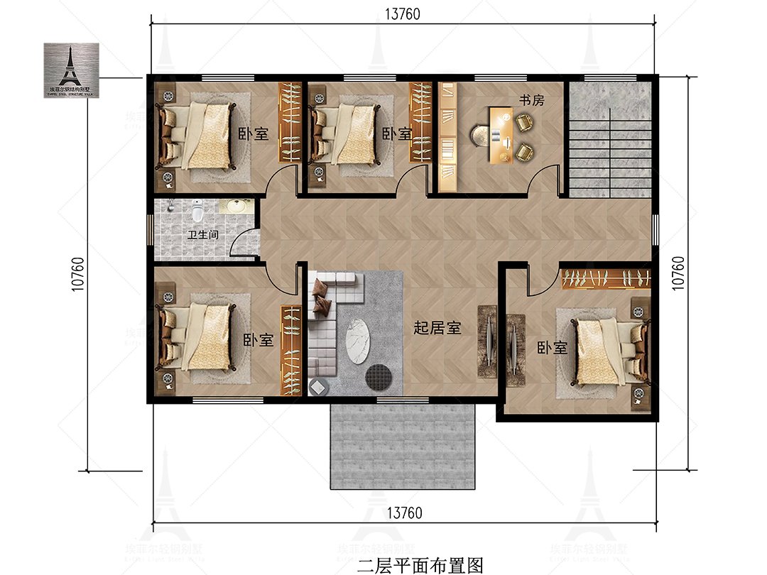 河南安阳张宅二层轻钢别墅(总面积267.93㎡ 14×9.5米)二层平面布置图
