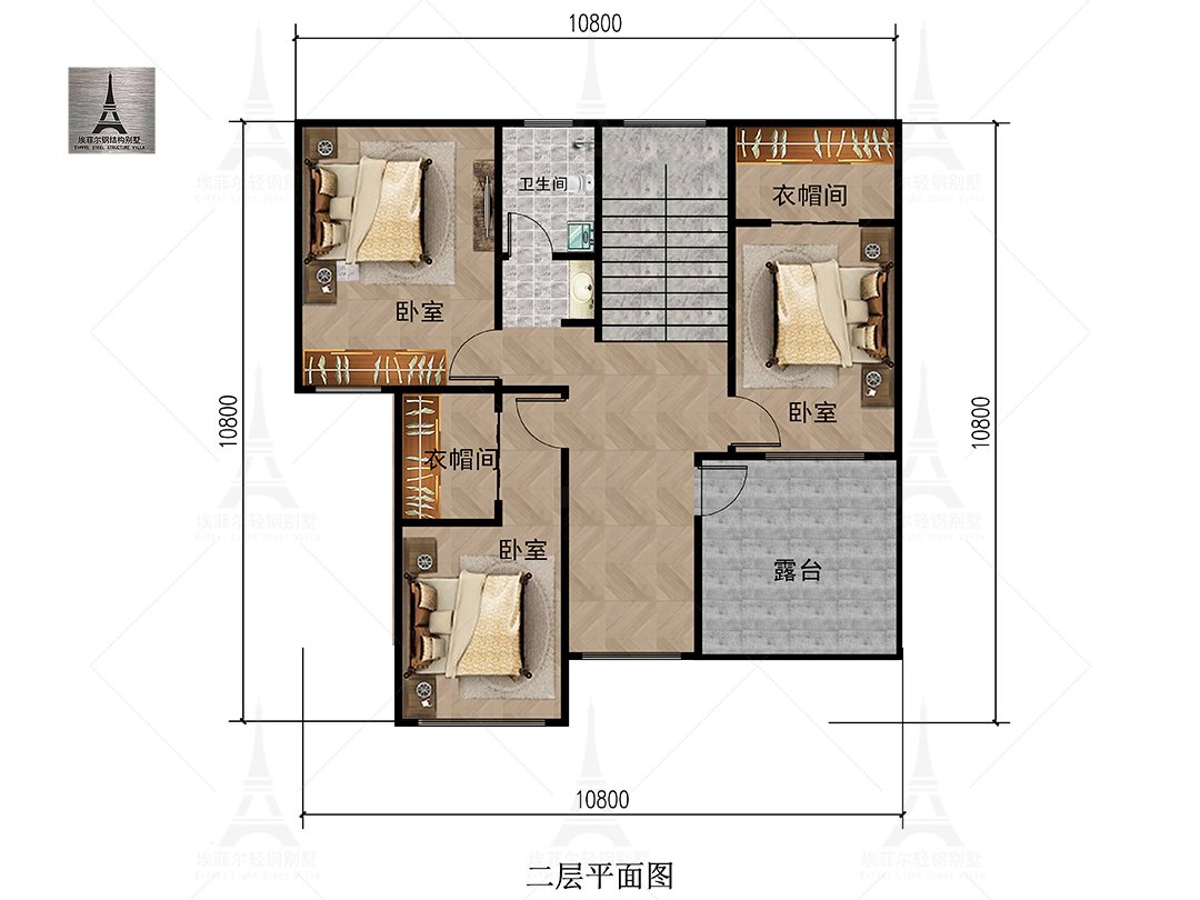 河南焦作沁阳孟府二层轻钢别墅(总面积216.14㎡ 10.92×10.92米)二层平面布置图