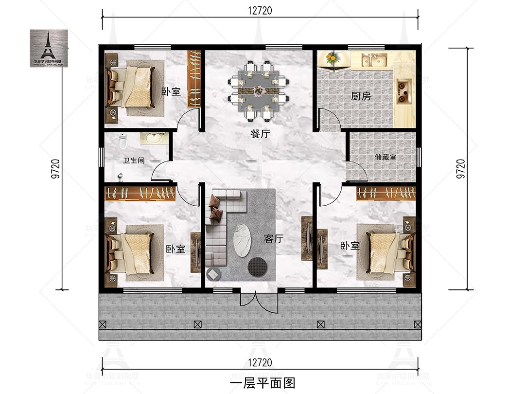 河北唐山刘宅带阁楼一层轻钢别墅(总面积150.5㎡ 13×10米)一层平面布置图