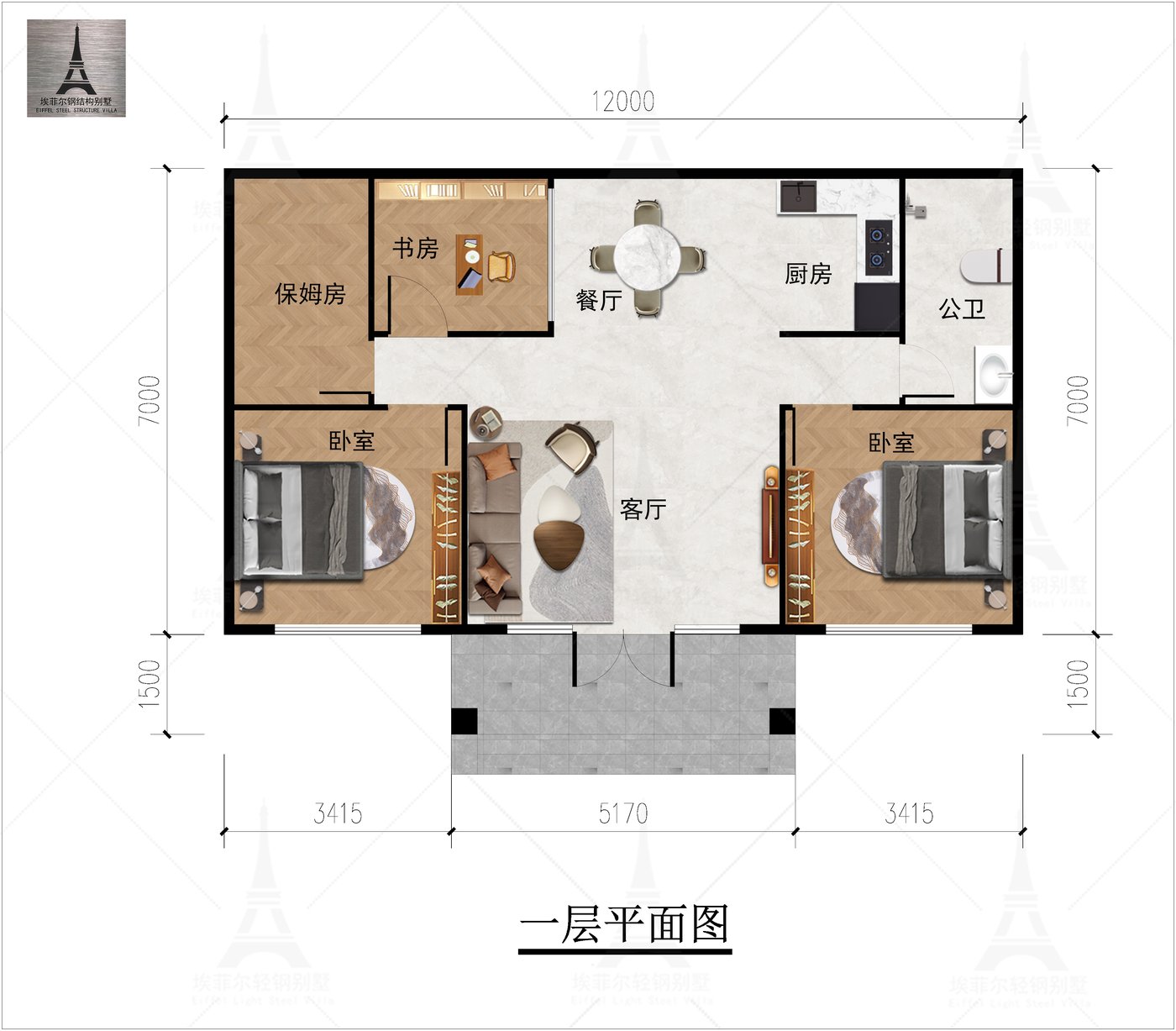 河北衡水阜城殷府一层轻钢别墅（总面积100.53㎡ 12×7米）平面图