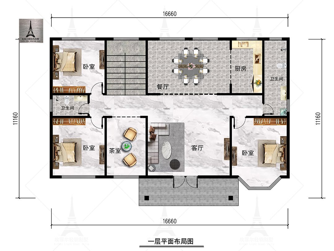 唐山兴隆蘑菇峪二层轻钢别墅(总面积371.19㎡ 16.88×9.88米)一层平面布置图