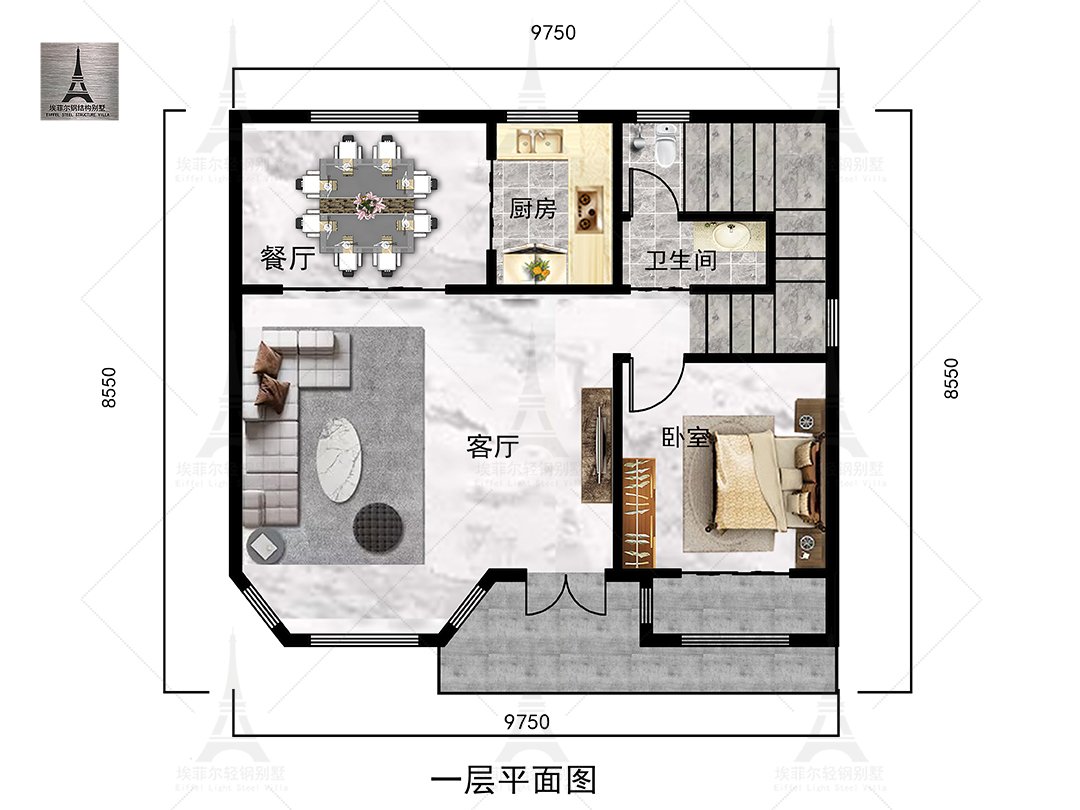 河北唐山鸡鸣村二层轻钢别墅(总面积183.5㎡ 10×8.8米)一层平面布置图