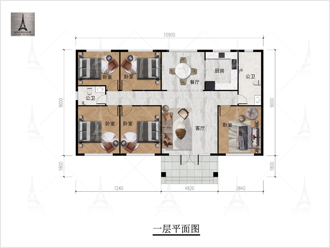 迁西县汉儿庄镇刘宅一层轻钢别墅（总面积168.52㎡ 15.9×9米）一层平面图