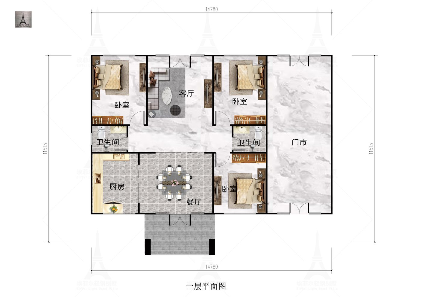 唐山迁西徐宅一层轻钢别墅(总面积174.58㎡ 15×10米)一层平面布置图