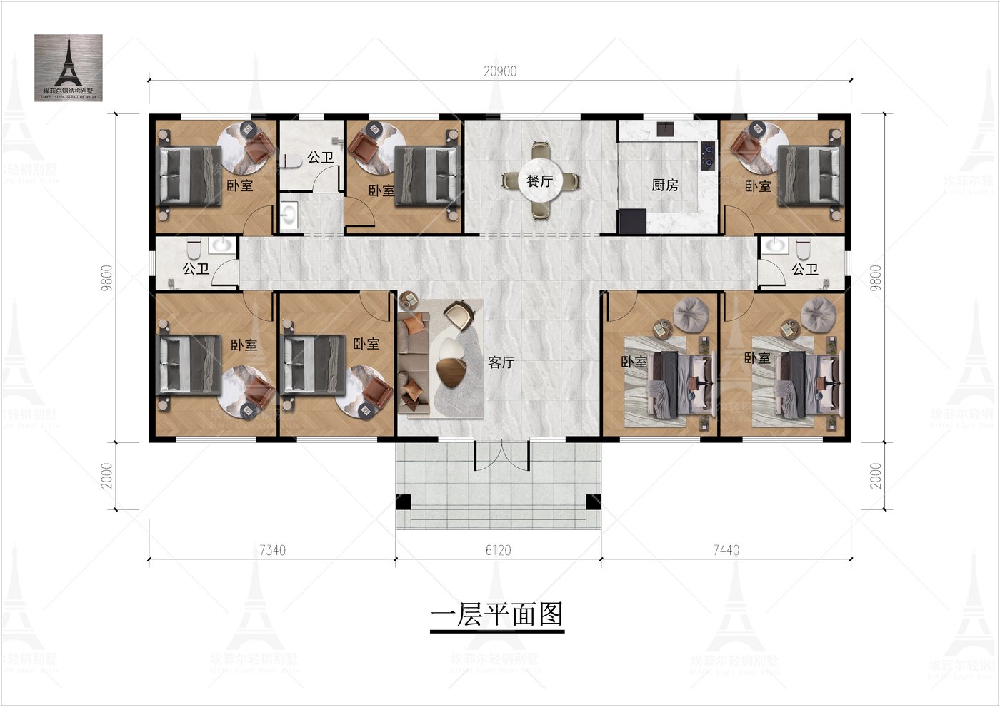 遵化小厂乡高宅一层轻钢别墅(总面积240.98㎡ 20.9×9.8米)一层平面图