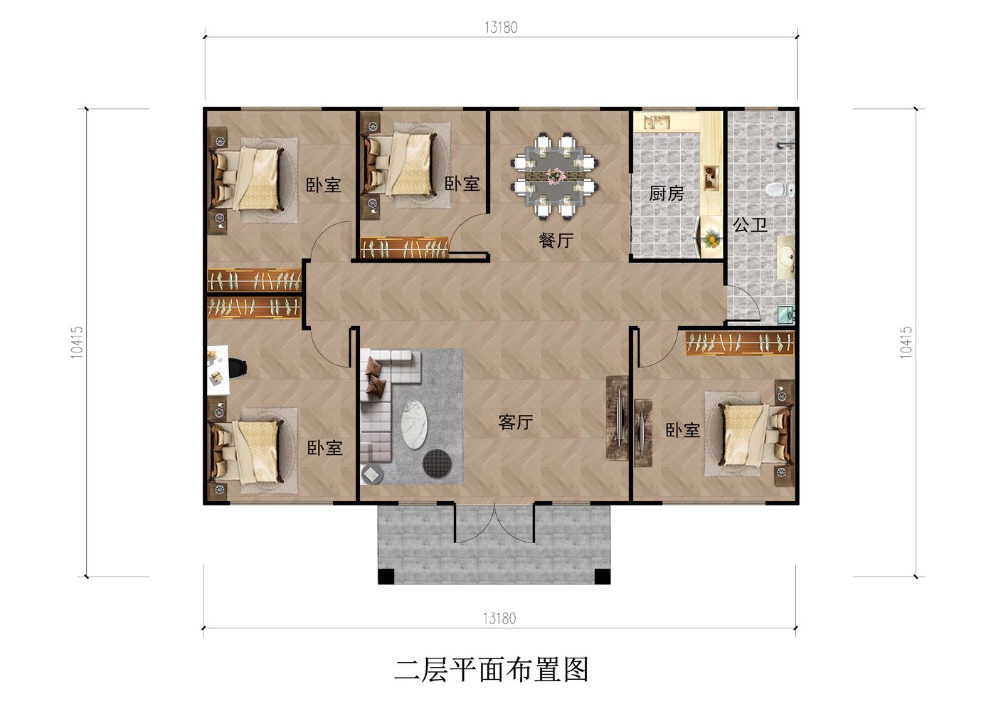 定州庞村镇二层轻钢别墅（总面积339.45㎡ 13.4×15米）二层平面布置图