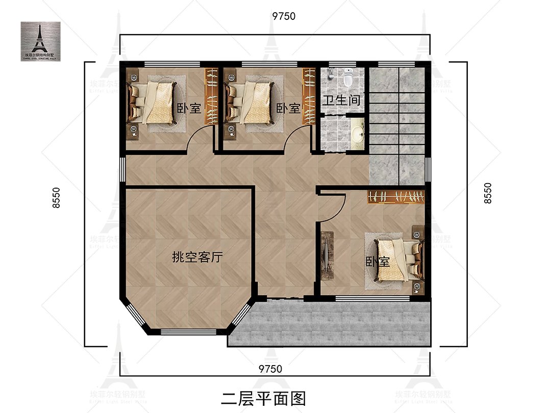 河北唐山鸡鸣村二层轻钢别墅(总面积183.5㎡ 10×8.8米)二层平面布置图