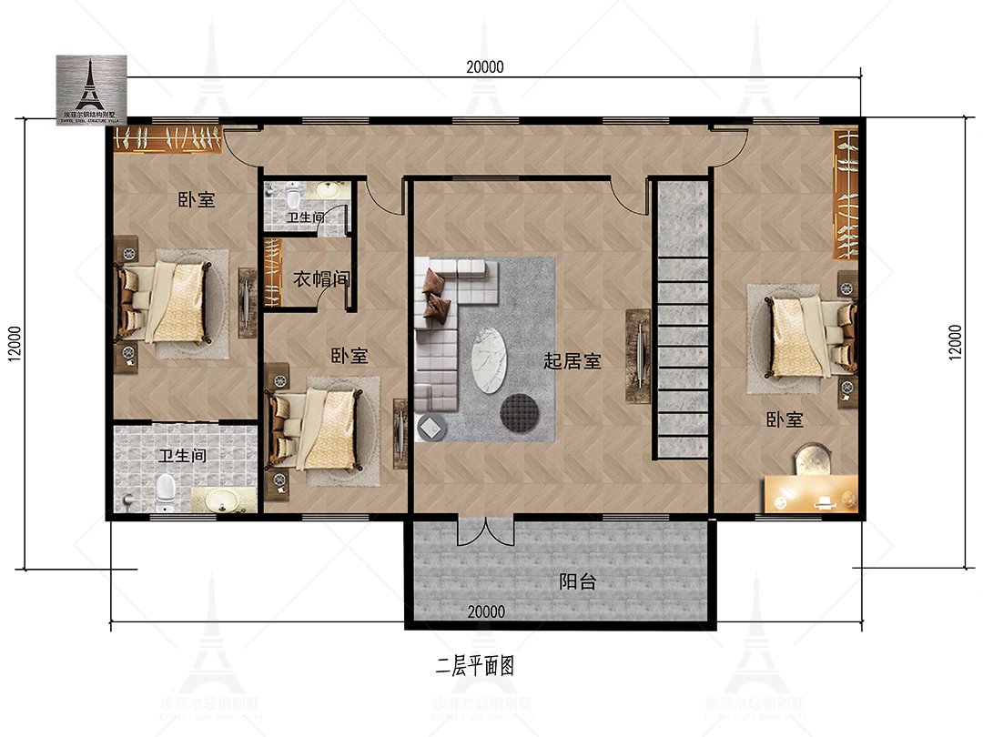 陕西榆林二层轻钢别墅(20×12米)二层平面布置图