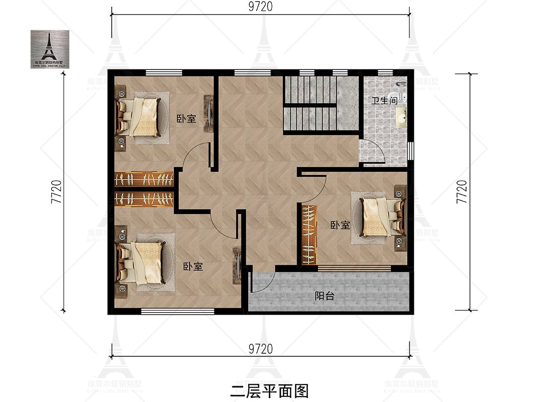 河北唐山刘总二层轻钢别墅(总面积168.5㎡ 10×8米)二层平面布置图