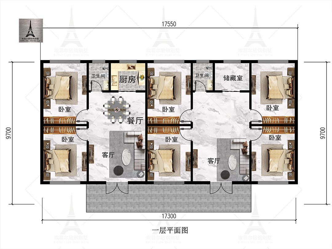 北京杨总一层轻钢别墅(总面积176.45㎡ 17.55×8.45米)一层平面布置图
