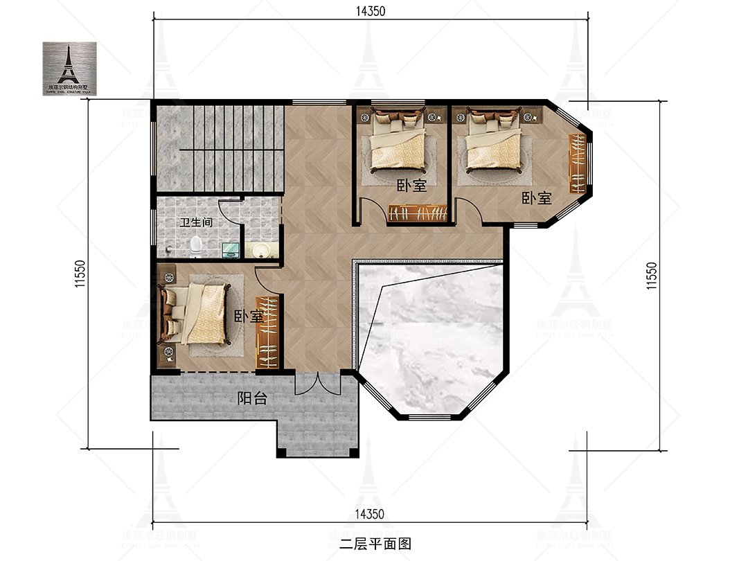 北营杨宅二层轻钢别墅(总面积291.84㎡ 14.6×10.6米)二层平面布置图