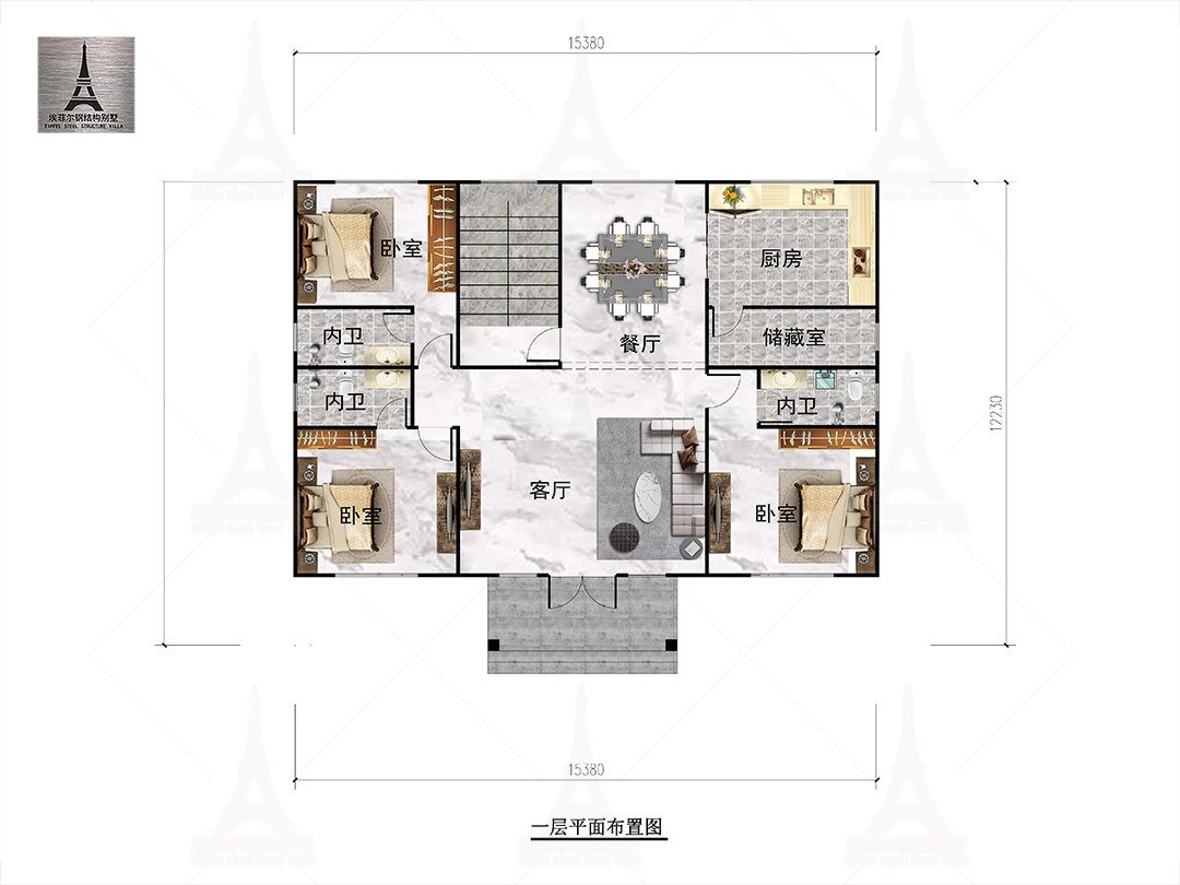 唐山丰润区潘家峪赵宅二层轻钢别墅(总面积362.58㎡ 15.6×10.6米)一层平面布置图