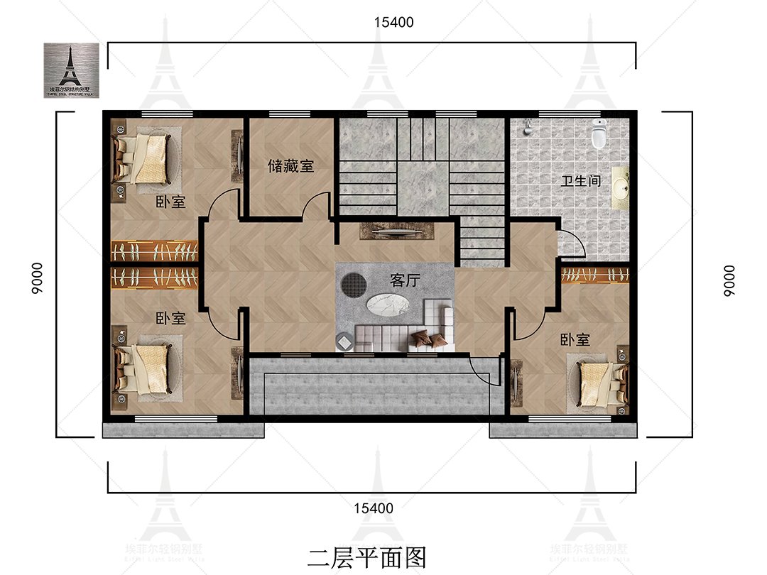 唐山刘总二层轻钢别墅(15×9米)二层平面布置图