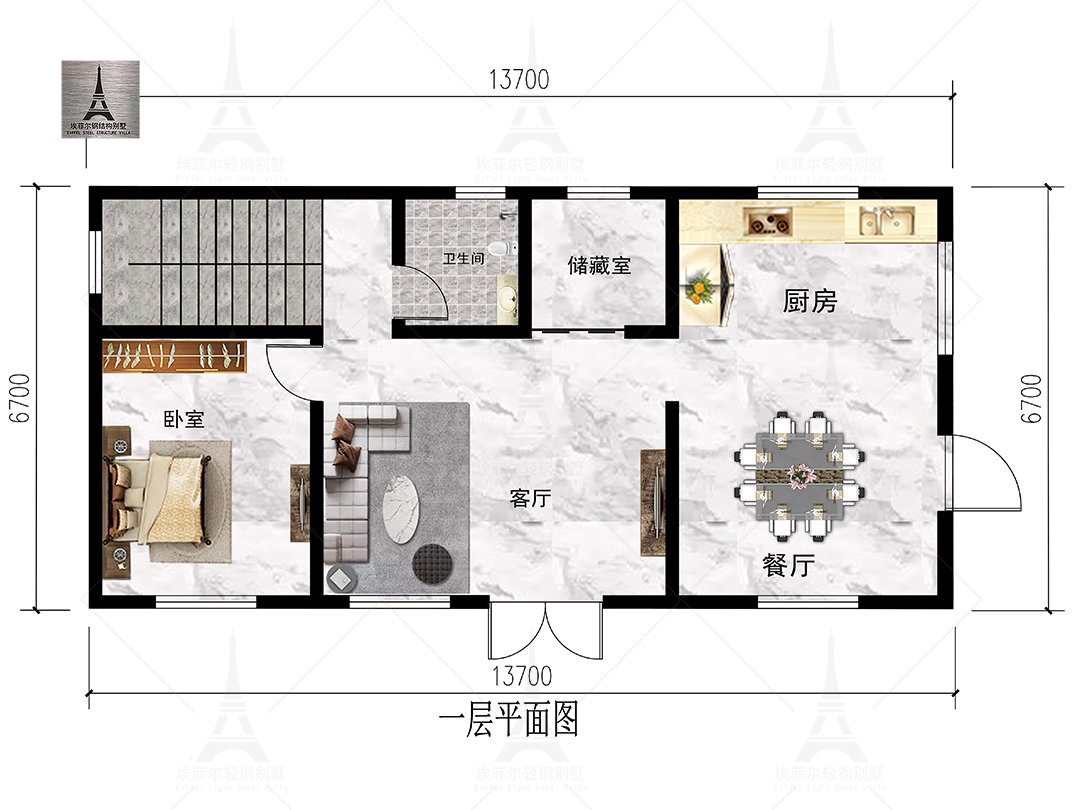 深泽二层轻钢别墅(总面积197.76㎡ 13.65×6.75米)一层平面布置图