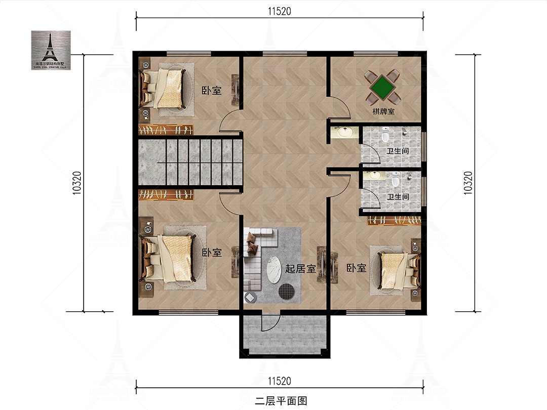 广西张总三层轻钢别墅(总面积376㎡ 11.8×10.6米)二层平面布置图