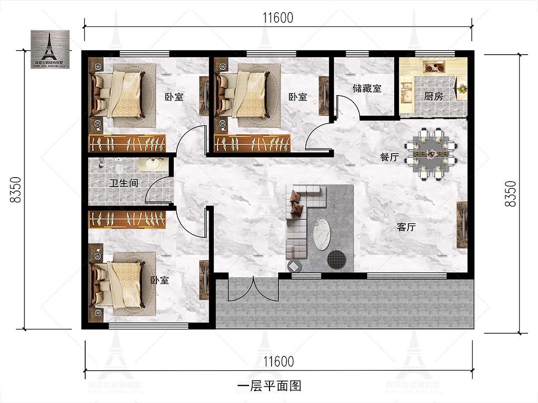 褚少恒藁城一层轻钢别墅(总面积105.17㎡ 11.76×8.35米)一层平面布置图