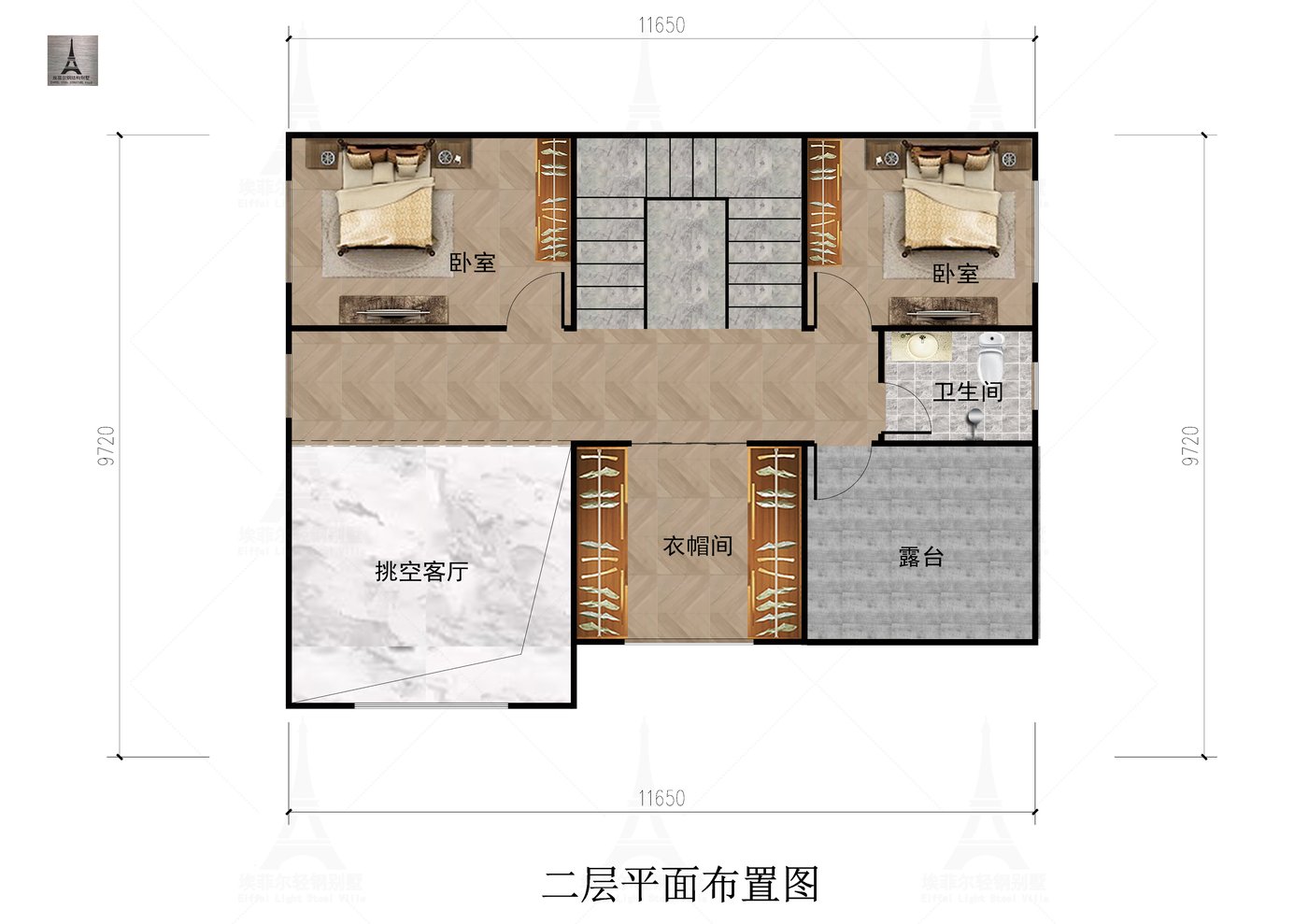 雄安安新县周宅二层轻钢别墅(总面积215.27㎡ 11.87×9.14米)二层平面布置图