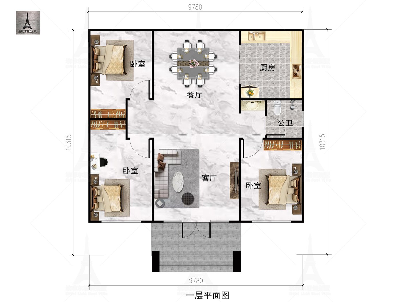安徽蒙城卢府一层轻钢别墅(总面积107.31㎡ 10×9米)一层平面布置图
