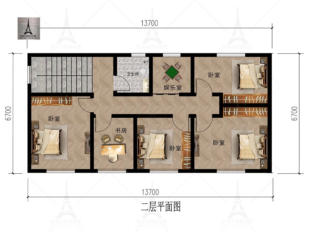 深泽二层轻钢别墅(总面积197.76㎡ 13.65×6.75米)二层平面布置图