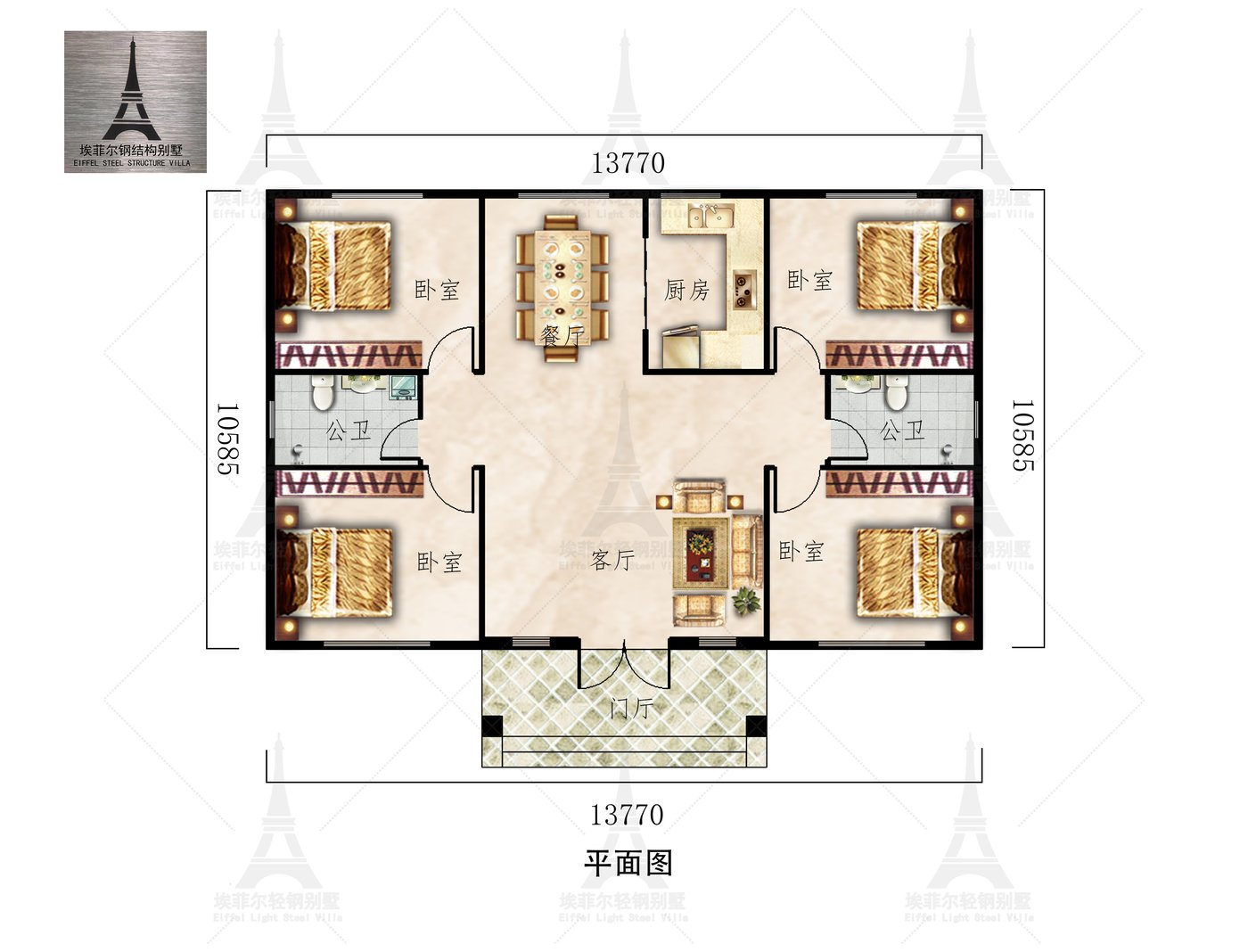 河北唐县陈府一层轻钢别墅(总面积148.32㎡ 13.77×10.58米)一层平面图