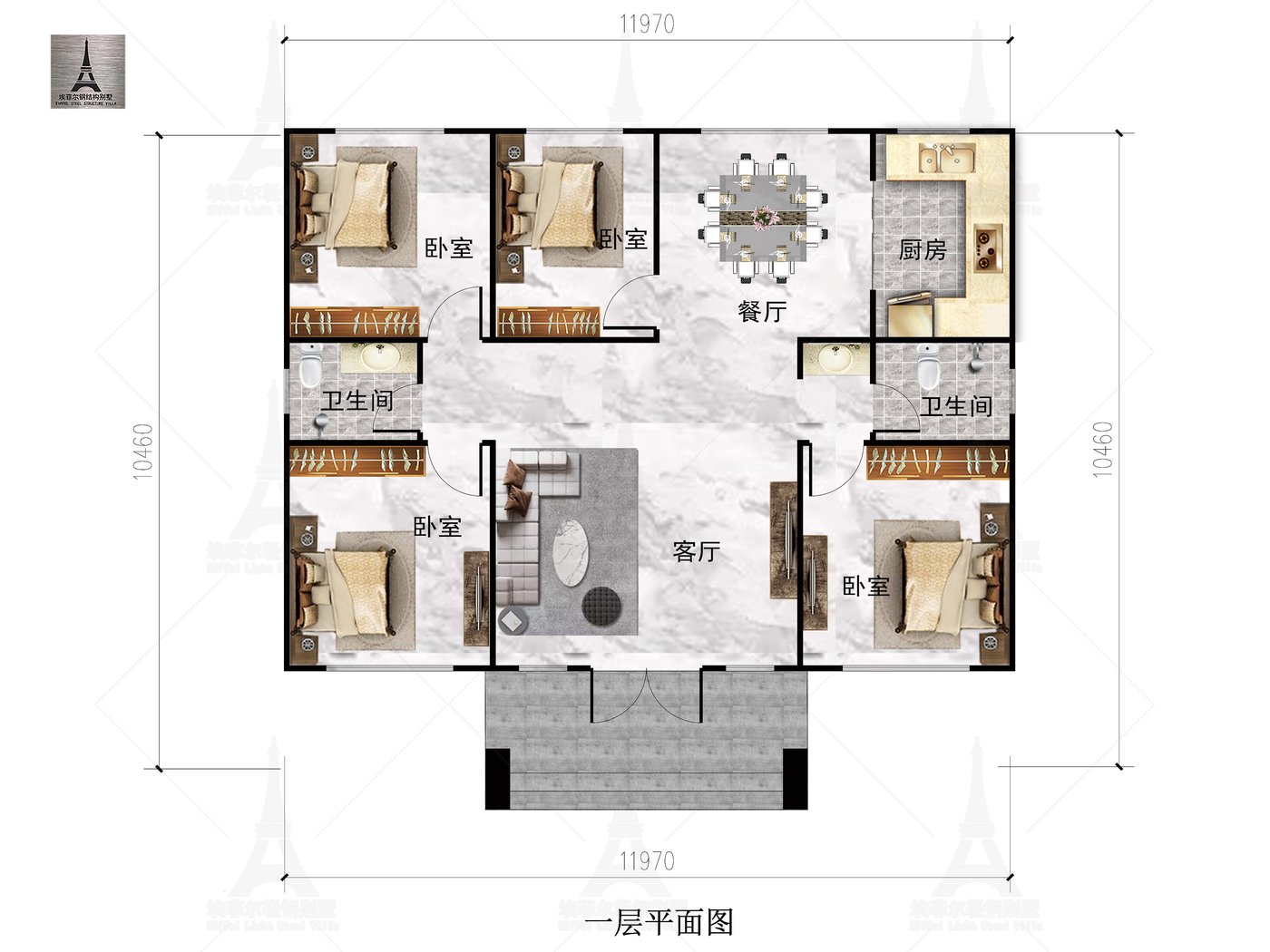 鄂尔多斯准格尔旗马宅一层轻钢别墅(总面积129.66㎡ 12.23×9.13米)一层平面布置图