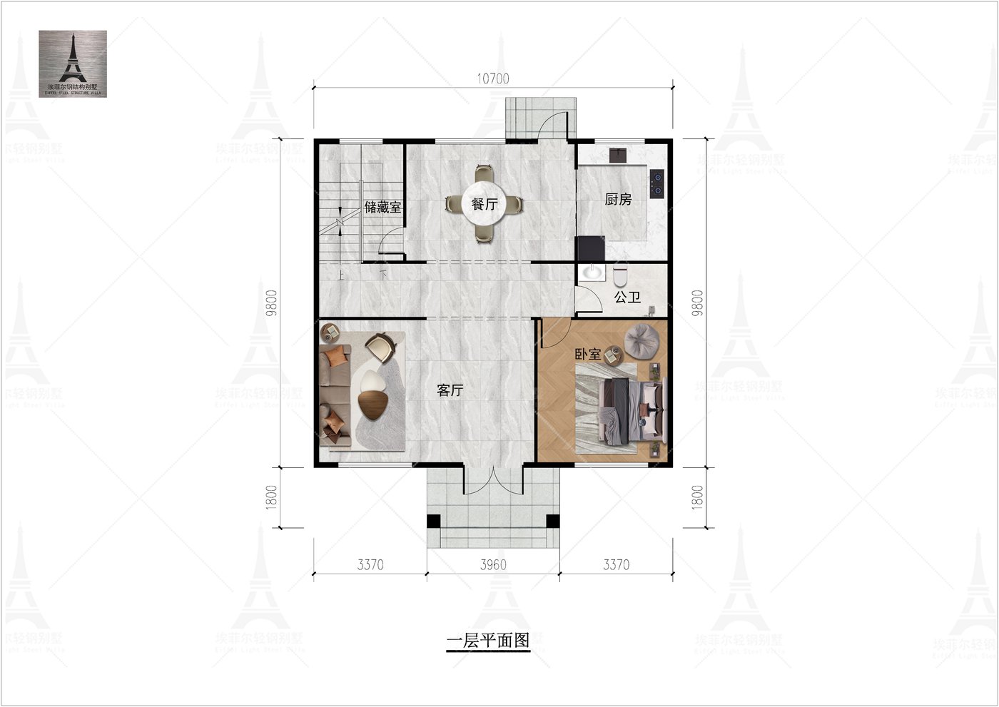 承德兴隆三道河杨宅二层轻钢别墅(总面积315.69㎡ 15.23×9.01米)一层彩平图