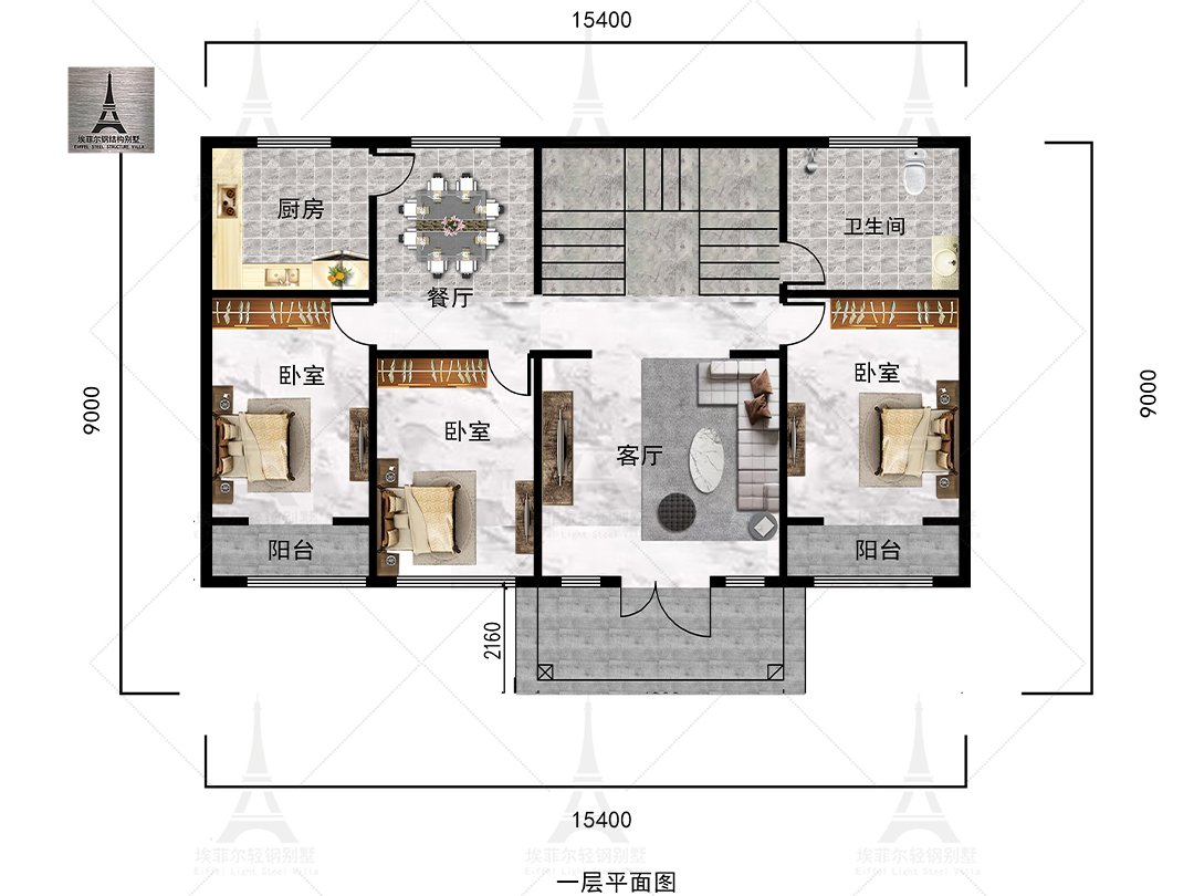 唐山刘总二层轻钢别墅(15×9米)一层平面布置图