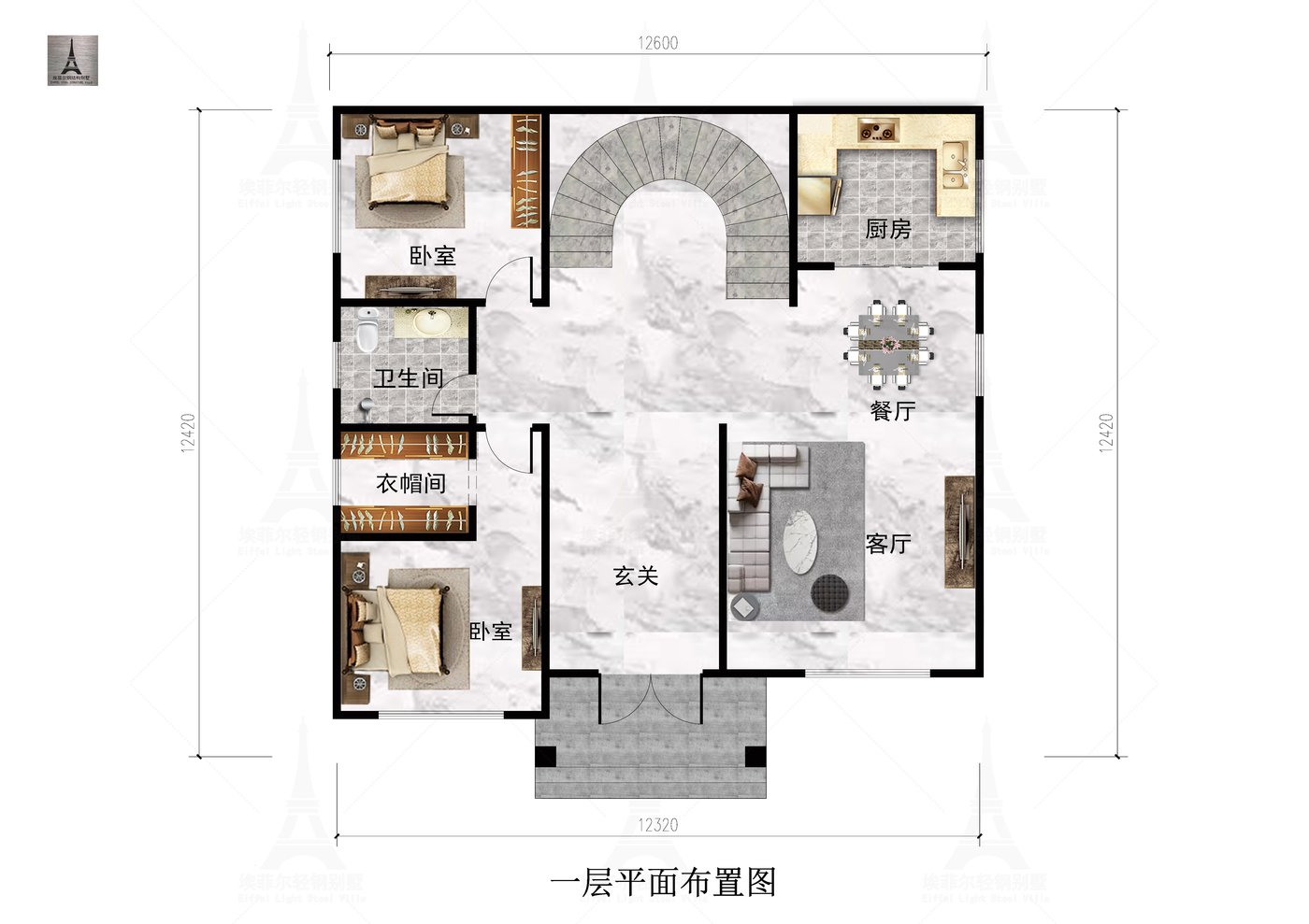 鹿泉王宅二层轻钢别墅（总面积311.21㎡ 12.6×11.9米）一层平面布置图