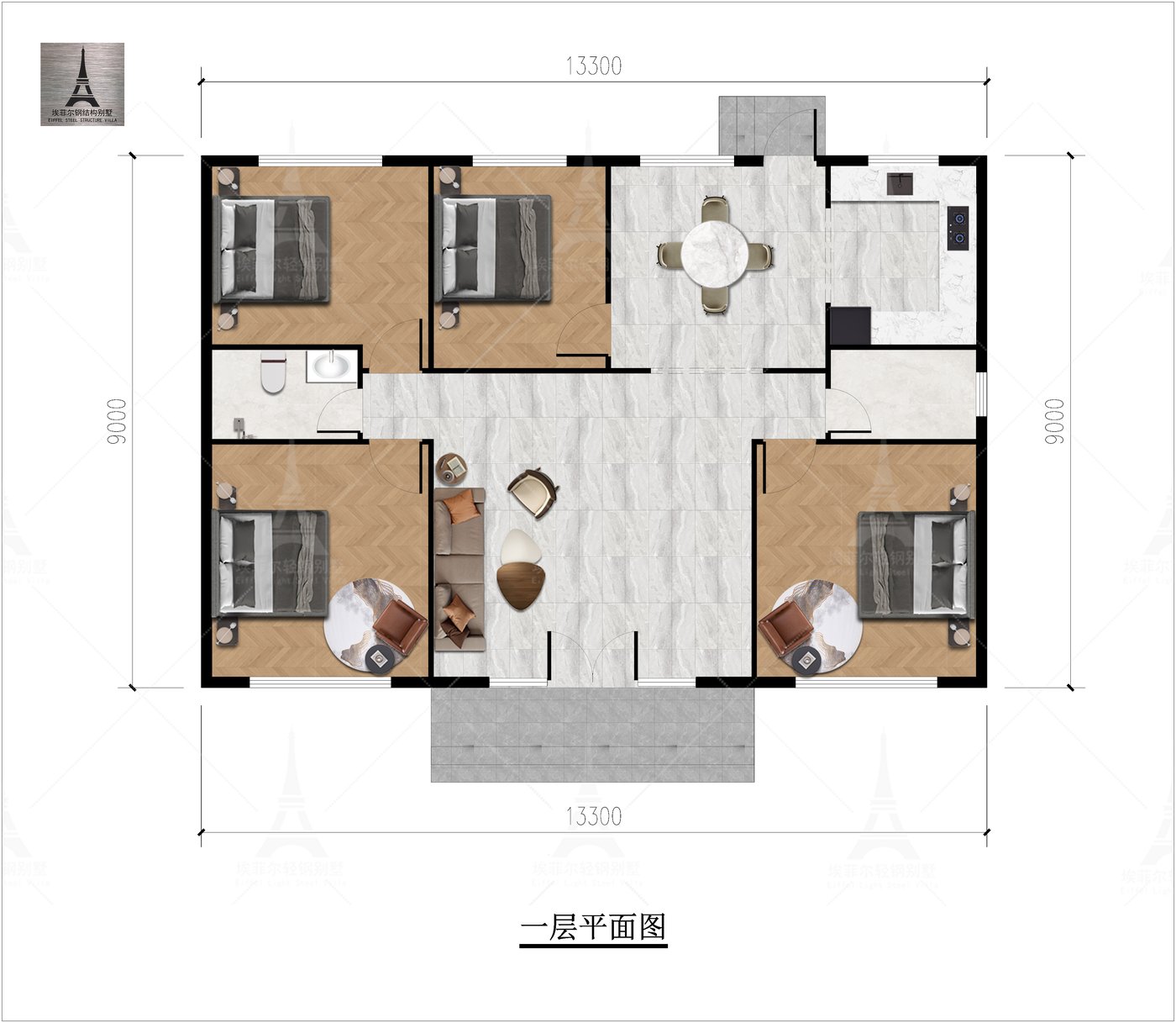 唐山迁西太平寨周家峪高宅一层轻钢别墅(总面积127.68㎡ 13.3×9米)平面图