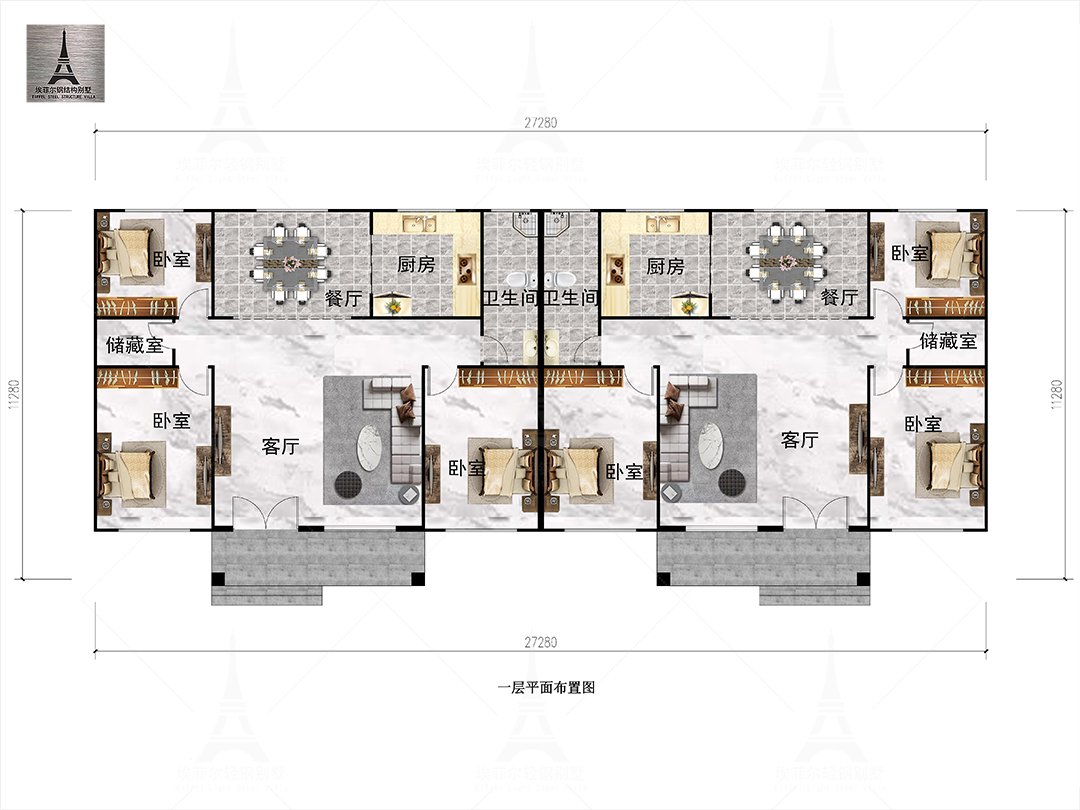 山东寿光王宅一层轻钢别墅(总面积319.02㎡ 27.5×10米)一层平面布置图