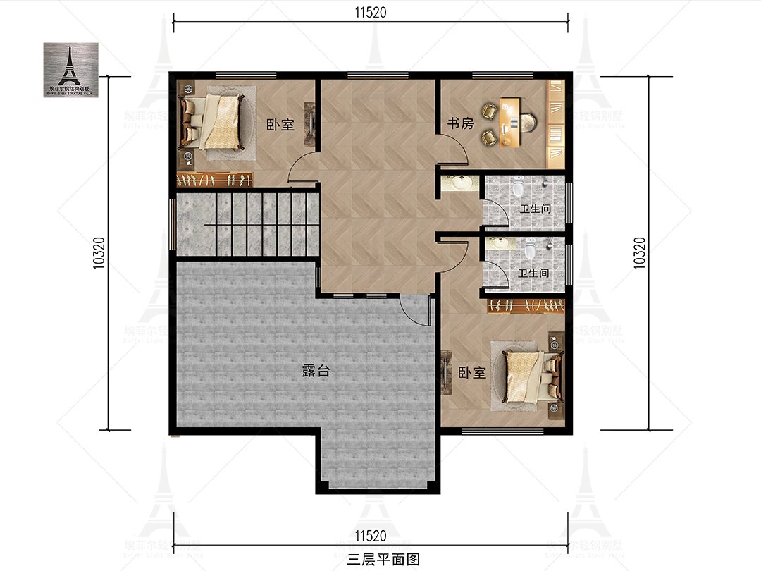 广西张总三层轻钢别墅(总面积376㎡ 11.8×10.6米)三层平面布置图