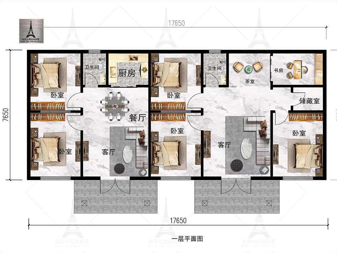 北京延庆陈宅一层轻钢别墅(总面积147㎡ 17.65×7.65米)一层平面布置图