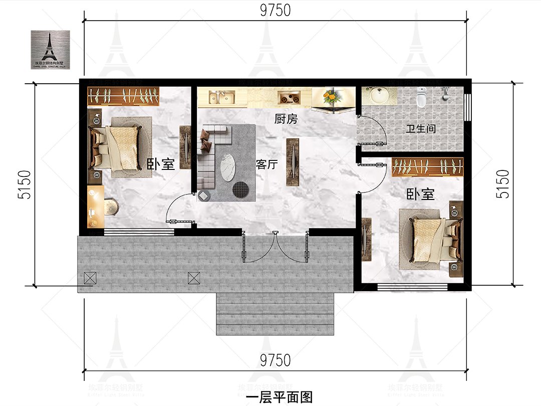 邢台巨鹿董宅一层轻钢别墅(总面积55㎡ 10×5.4米)一层平面布置图