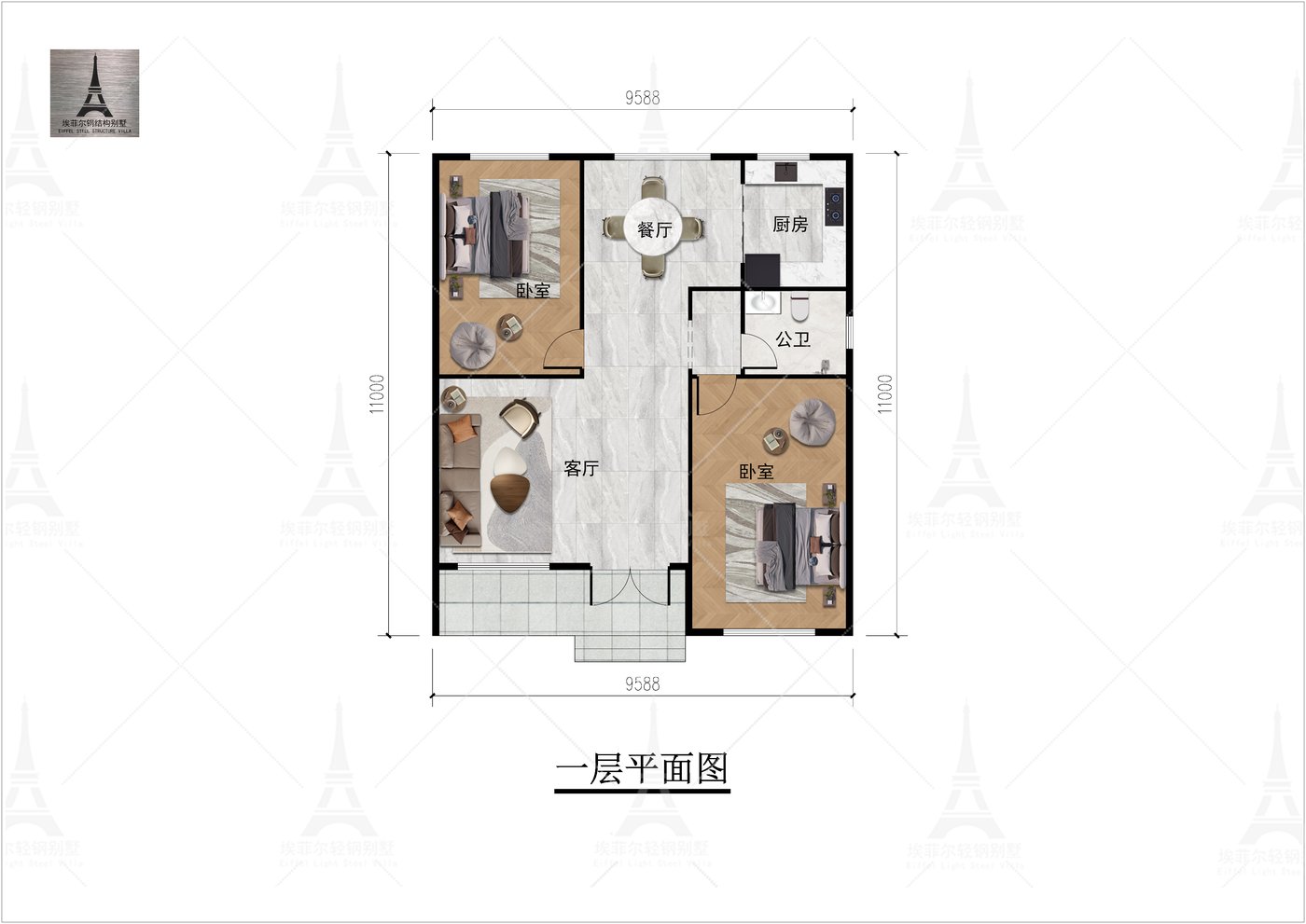 邢台沙河市册井镇杨宅一层轻钢别墅(总面积110.27㎡ 9.588×9.5米)一层平面图