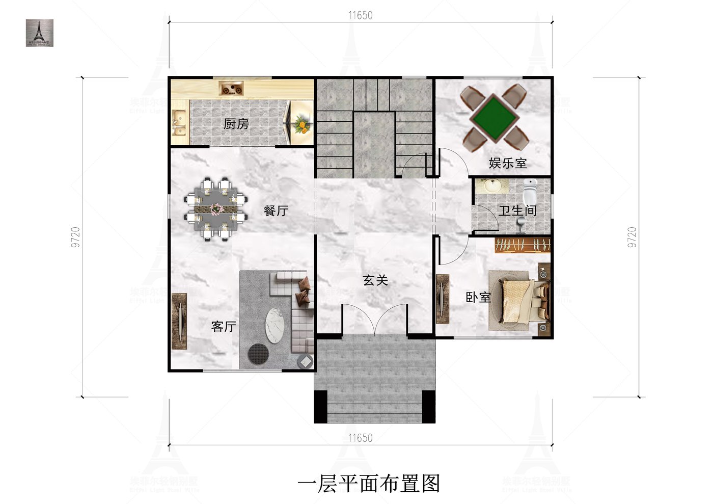 雄安安新县周宅二层轻钢别墅(总面积215.27㎡ 11.87×9.14米)一层平面布置图