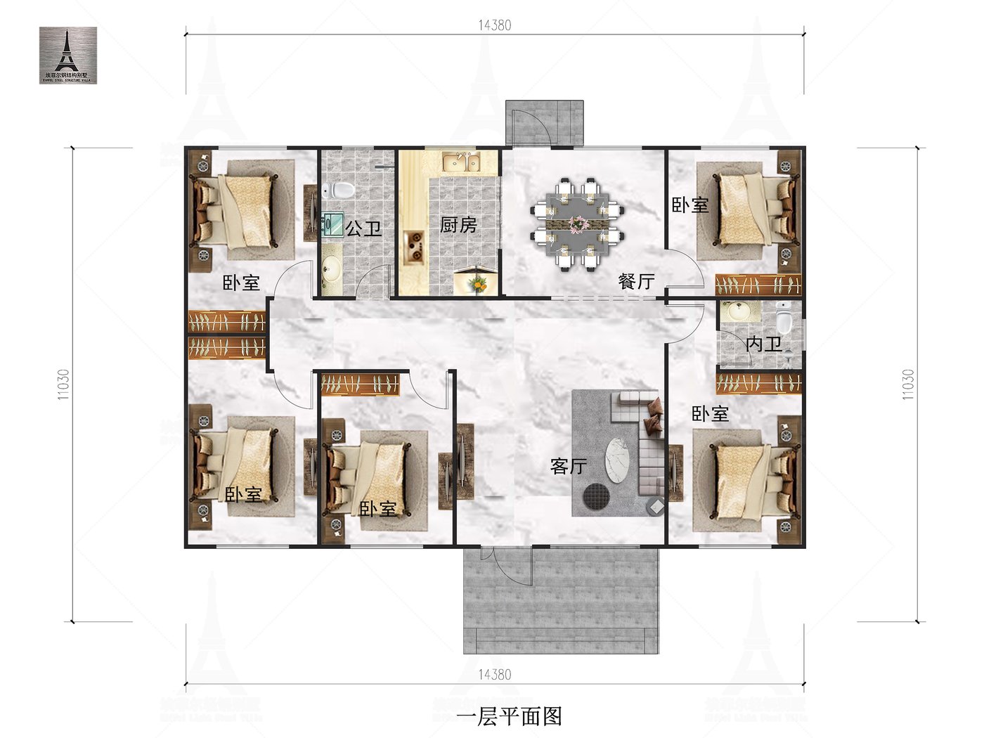 唐山迁西张宅一层轻钢别墅(总面积159.82㎡ 14.6×9.5米)一层平面布置图