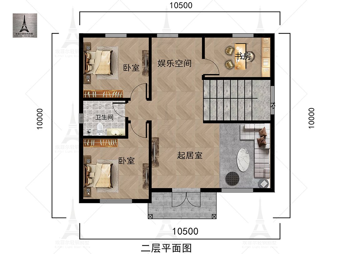 肃宁王总二层轻钢别墅（总面积212.76㎡ 10.83×9.38米）二层平面布置图