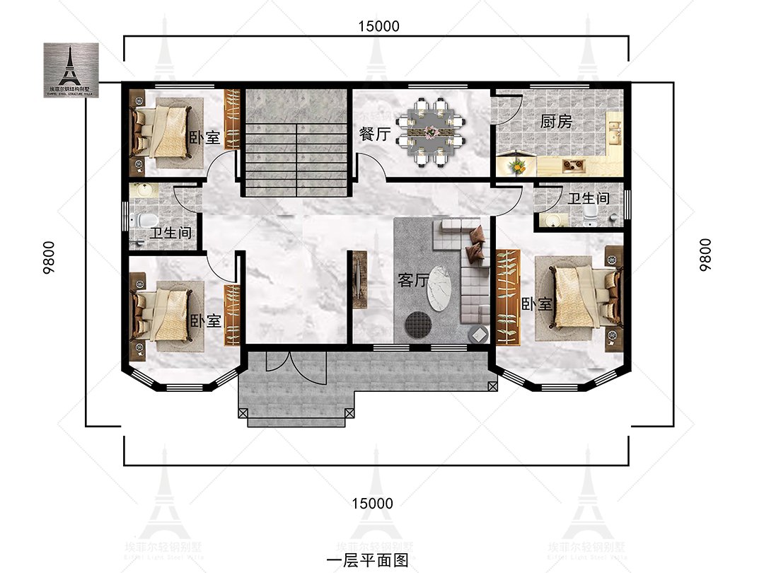 栾城陈总二层轻钢别墅（总面积318.21㎡ 15.28×9.28米）一层平面布置图