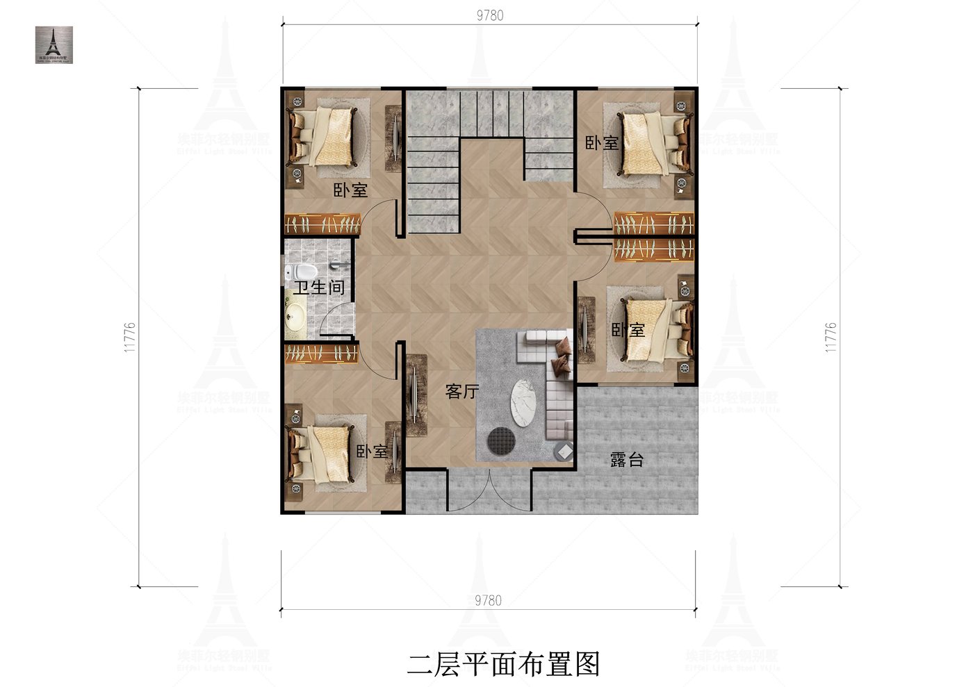 井陉矿区张宅二层轻钢别墅（总面积237.13㎡ 11.5×12米）二层平面布置图