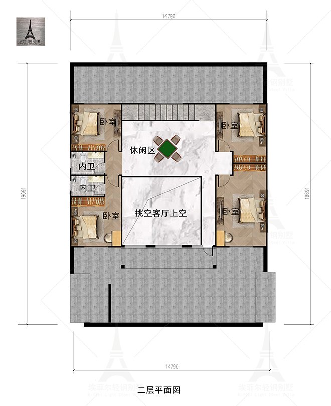 鑫弘源孙总二层轻钢别墅(总面积366.37㎡ 15×11米)二层平面布置图