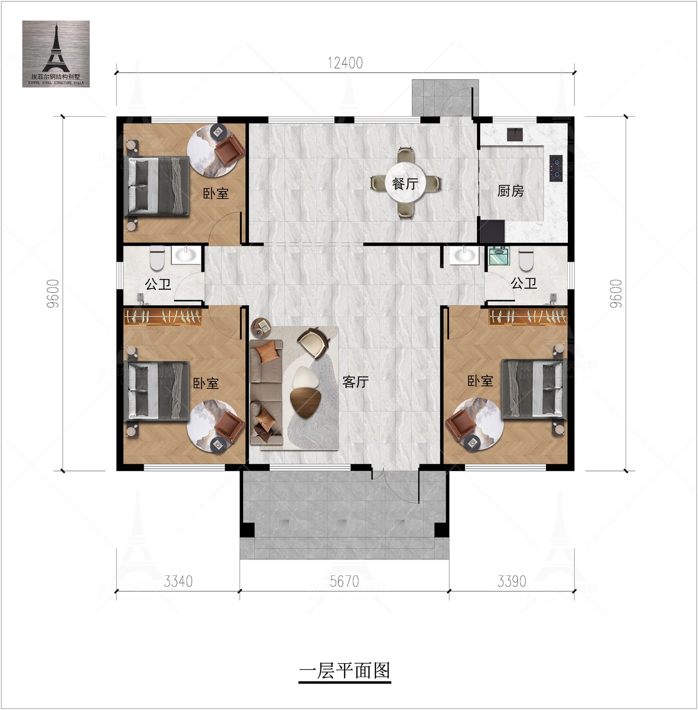 唐山迁西旧城大董沟唐宅一层轻钢别墅(总面积144.25㎡ 12.4×9.6米)平面图