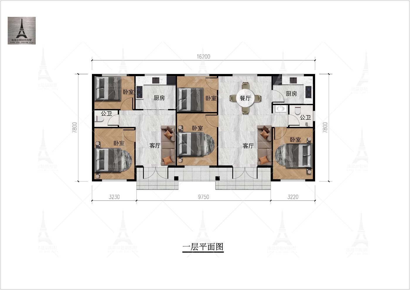河北藁城张一层轻钢别墅(总面积135.78㎡ 15.95×7.58米)一层平面图