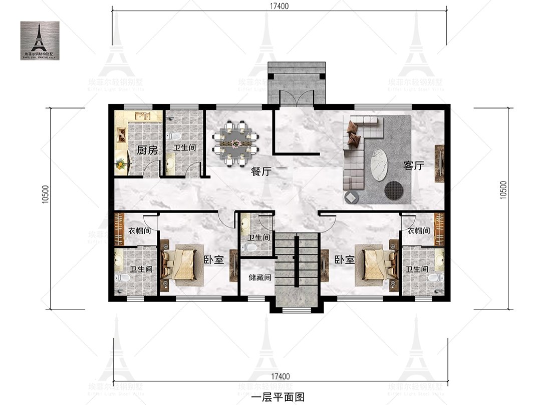 张家口赵总二层轻钢别墅(总面积369.62㎡ 17.8×10.9米)一层平面布置图