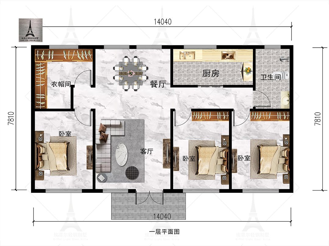 唐山朱庄一层轻钢别墅(总面积120.89㎡ 14.3×8.06米)一层平面布置图