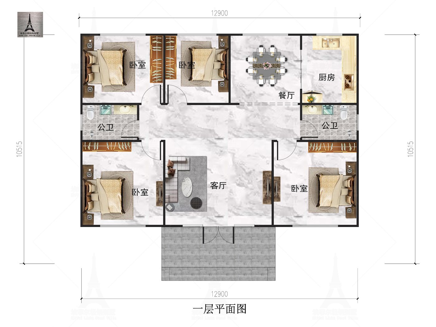 唐山迁西太阳峪村李宅一层轻钢别墅(总面积140.44㎡ 12.9×9米)一层平面布置图