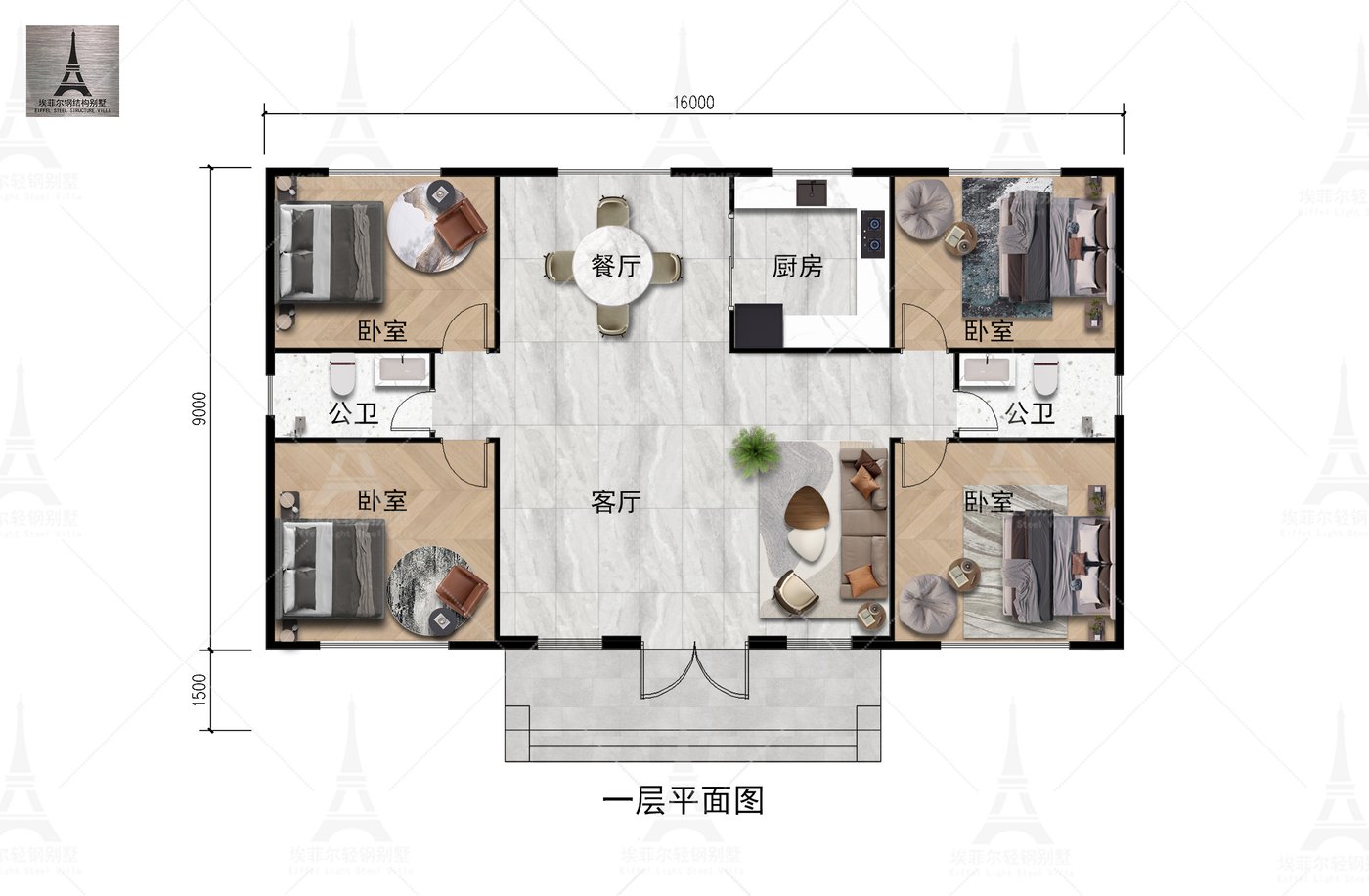 河北元氏孙府一层轻钢别墅(总面积168.29㎡ 16×9米)一层平面图