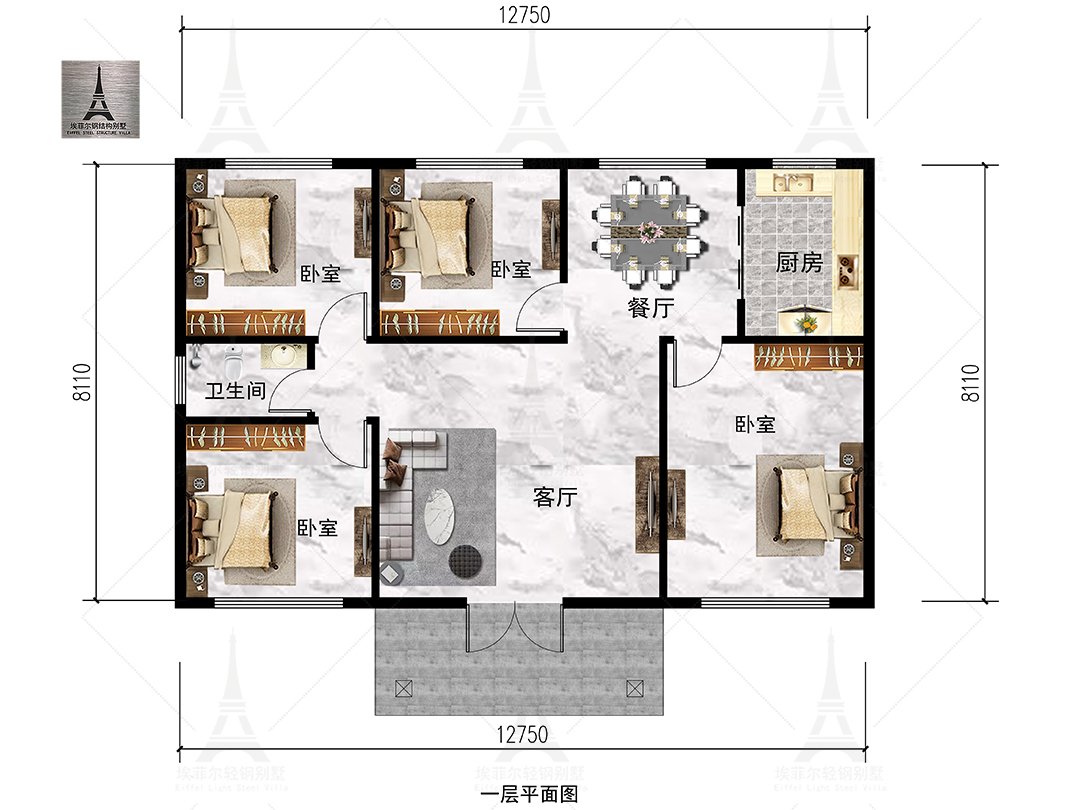 唐山杨家峪村杨俊伍家一层轻钢别墅(总面积140.62㎡ 14×8.8米)一层平面布置图