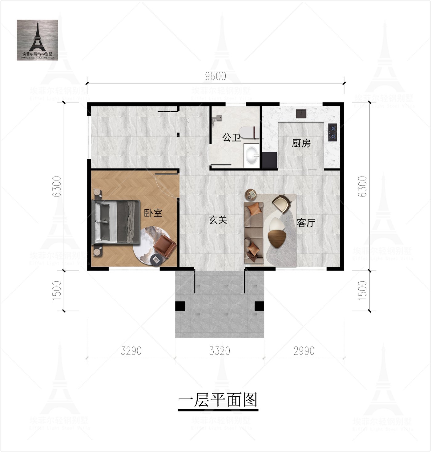 河北无极王府二层轻钢别墅(总面积135.81㎡ 9.6×6.3米)平面图