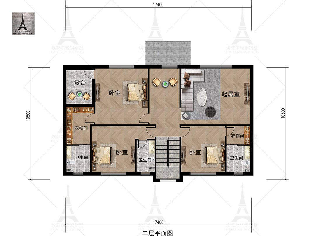 张家口赵总二层轻钢别墅(总面积369.62㎡ 17.8×10.9米)二层平面布置图