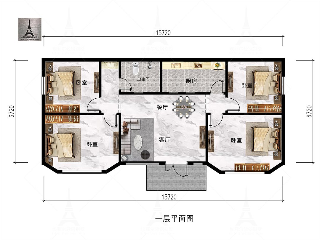 保定冀府一层轻钢别墅(总面积119.95㎡ 16×7.56米)一层平面布置图
